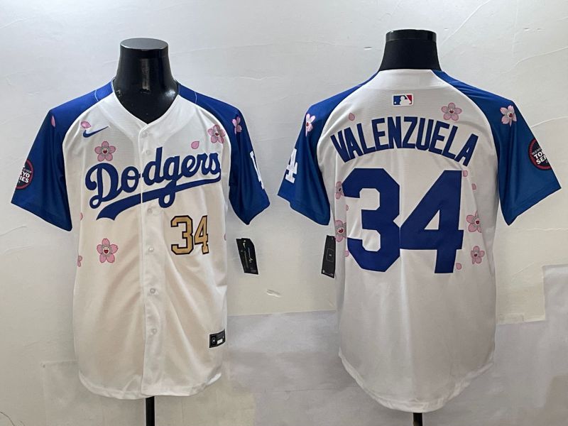 Men Los Angeles Dodgers 34 Valenzuela White Blue Sakura Edition 2025 Nike MLB Jersey style 2